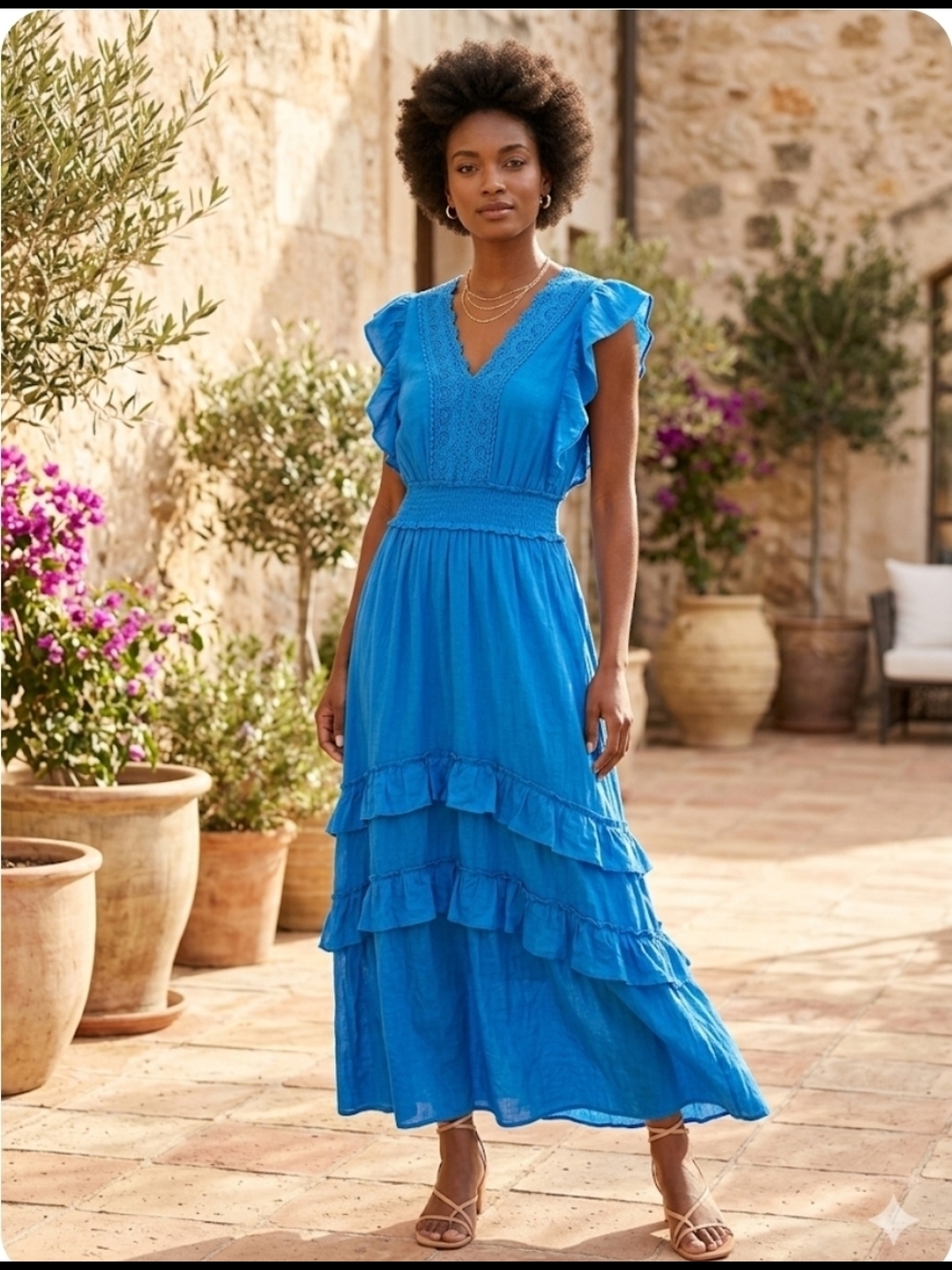 Vivid Blue Flutter Sleeve Tiered Maxi Dress
